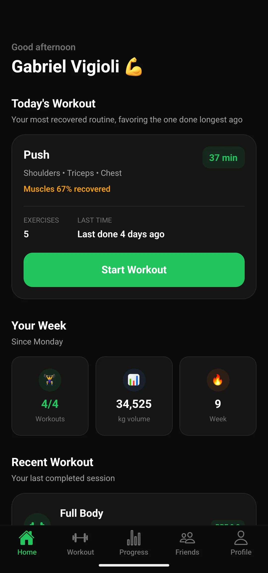 Tela inicial do Gymmaxxing com o treino do dia e o resumo da semana