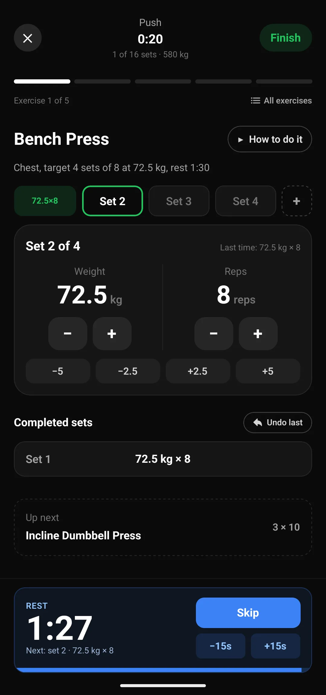 Timer de descanso em 1:27 com botões de pular e de ajustar 15 segundos